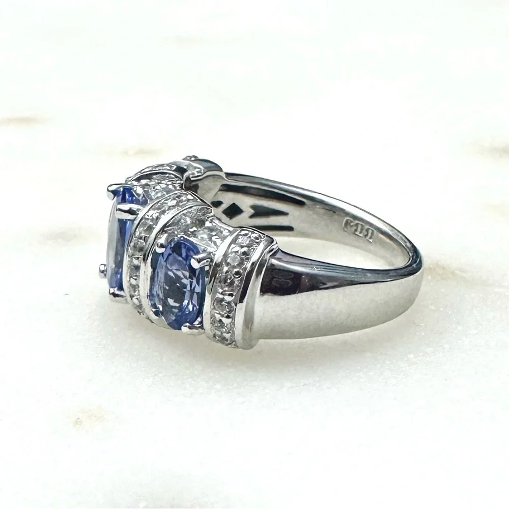 3 Stone Blue Tanzanite | White Zircon Rhodium over Sterling Silver Ring 2.44ctw